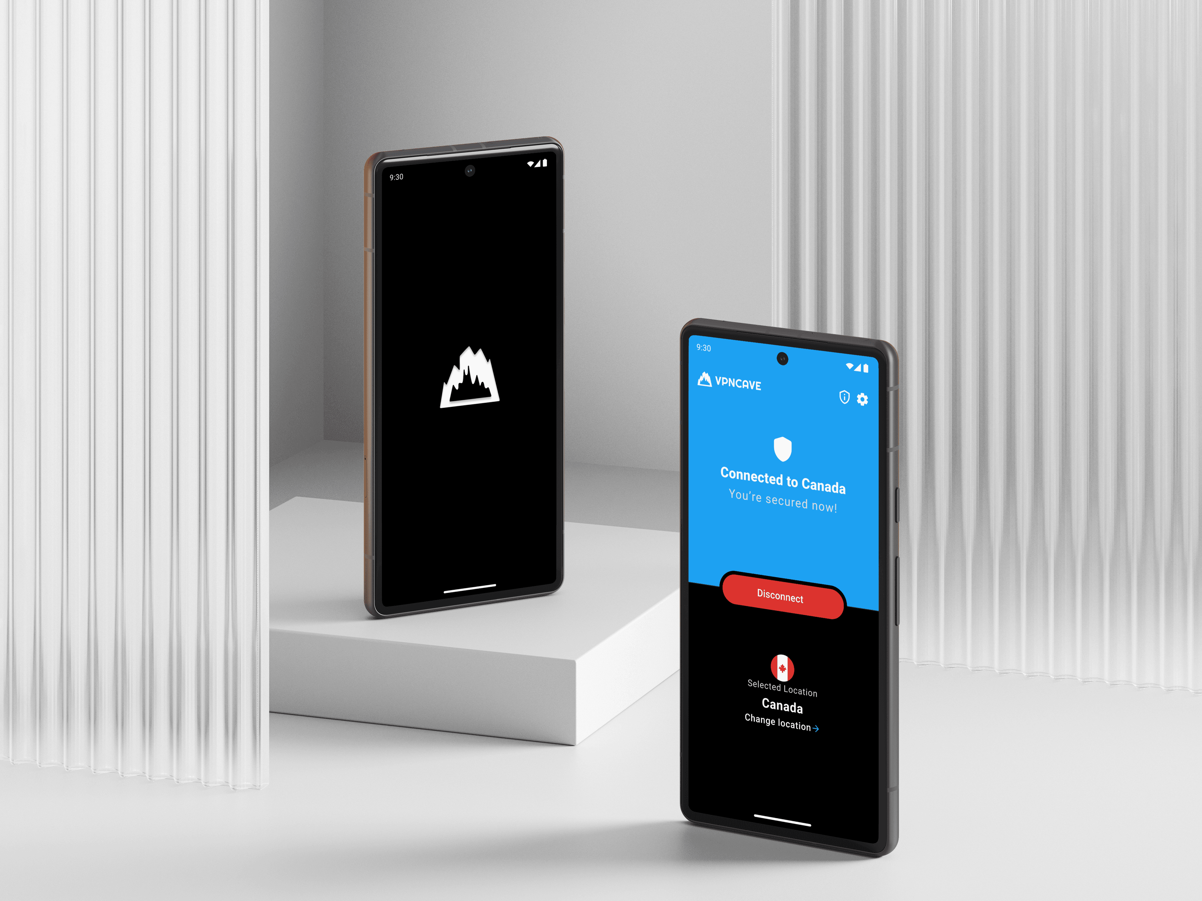 VPN Cave app showcase on Pixel 7a phones